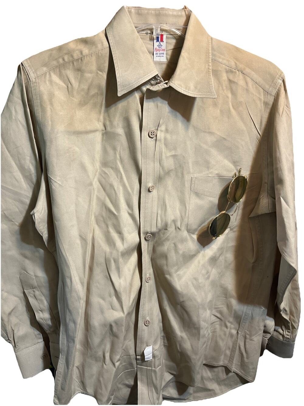 Vintage Flying Cross De Luxe Poplin Shirt SZ Small Khaki Long Sleeve Sanforized
